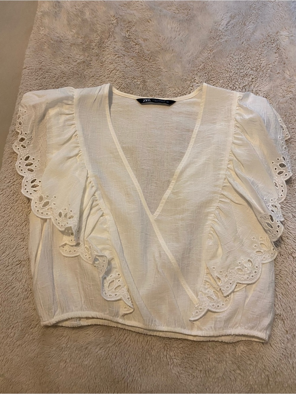 ZARA White Eyelet Ruffle Wrap Top